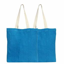 EONO Tote Bags Reusable Shopping Bag Eco-Friendly Recycled Cotton Fabric Handbag Grocery Shoulder Plain Canvas Tote Bags for Women, Men, Girls - Blue | 0415 - Pack of 2