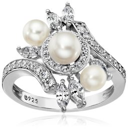 Amazon CollectionPlatinum-Plated Sterling Silver Cubic Zirconia Bypass Freshwater Cultured Pearl Ring, Size 7