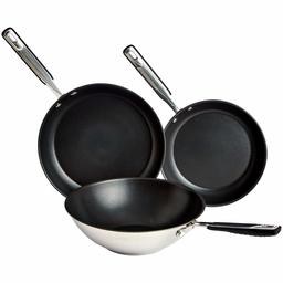 AmazonBasics 3 Piece Stainless Steel Induction Frying Wok Pan Set, 24cm, 28cm Frying Pan and 28cm Wok, Non Stick, with Soft Touch Handle