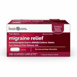 Amazon Basic Care Migraine Formula Caplets, Acetaminophen, Aspirin (NSAID) and Caffeine Tablets, Migraine Pain Relief, 200 Count