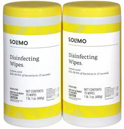 Amazon Brand - Solimo Disinfecting Wipes, Lemon Scent, Sanitizes/Cleans/Disinfects/Deodorizes, 75 Wipes Each (Pack of 2)