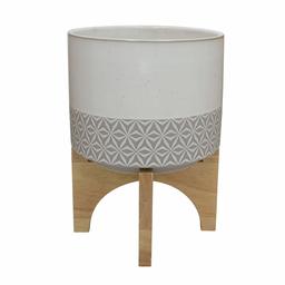 Amazon Brand – Rivet Mid-Century Stoneware Planter with Wood Stand, 13.98