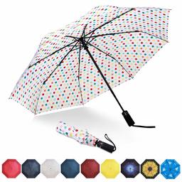 Eono by Amazon - Ombrello Portatile Automatico Antivento, Ombrello Pieghevole Compatto, Folding Umbrella, con Stecche Rinforzate in Teflon, Impugnatura Ergonomica, Bianco/Punto colorato