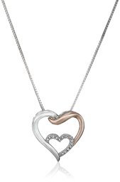 Sterling Silver and 14k Rose Gold Interlocking Heart with Diamond Accent Pendant Necklace, 18