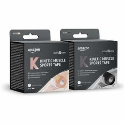 Amazon Basic Care - Bande adhésive de kinésiologie, 5 m x 5 cm, 2 bandes (1 noire, 1 beige)