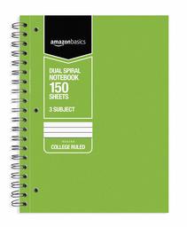 AmazonBasics College Ruled Wirebound 3-Subject 150-Sheet Notebook - Pack of 3, 10.5 x 8 Inch, Grey / Green / Blue