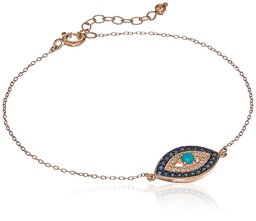 14K Rose Gold Plated Sterling Silver Genuine Turquoise and Created Sapphire Evil Eye Bracelet, 7.25