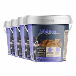 Marque Amazon - Lifelong - Friandises pour chiens, sans blé, avec mono-protéine, avec canard et canneberges (4 seaux x 500gr)