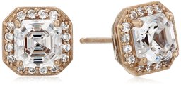 Amazon CollectionRose-Gold-Plated Sterling Silver Swarovski Zirconia Asscher-Cut Halo Earrings (1 cttw)