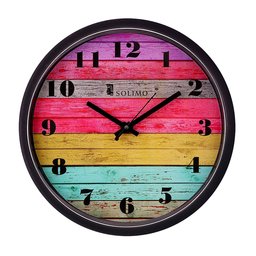 Amazon Brand - Solimo 12-inch Wall Clock - Coloured Stripes (Step Movement, Black Frame)