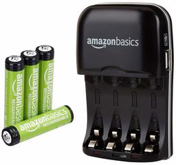 AmazonBasics AAA Rechargeable Batteries (4-Pack) and Ni-MH AA & AAA Battery Charger With USB Port Set