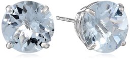 10k White Gold Round Checkerboard Cut Aquamarine Stud Earrings (8mm)