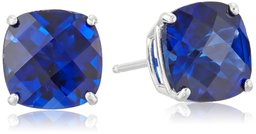 Sterling Silver Cushion-Cut Checkerboard Created Blue Sapphire Stud Earrings (8mm)