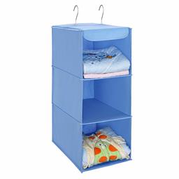 UMI. Essentials Hanging storage, 3 Tiers wardrobe storage organiser Closet Organizer with 2 Hooks, Foldable, Light Blue