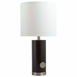 Rivet Mid Century Modern Rubberwood Living Room Table Lamp With Light Bulb - 19 Inches, Black with Linen White Shade