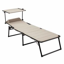 AmazonBasics Aluminium Folding Three-Legged Sun Lounger with Canopy, Quick Dry Foam, Wrap Shawl, 5 Adjustable Positions, Beige