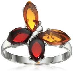 Multicolor Amber Sterling Silver Rhodium Plated Butterfly Ring, Size 7