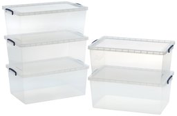 AmazonBasics - Cajas de almacenamiento de plástico transparente con tapa., plástico, Pack de 5