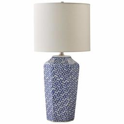 Amazon Brand – Stone & Beam Geo Pattern Ceramic Nightstand Table Lamp With LED Light Bulb - 12 x 12 x 26 Inches, Blue and White