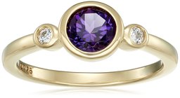 Yellow-Gold-Plated Sterling Silver Round-Shape Amethyst and Swarovski Zirconia with Textured Finish Ring, Size 7