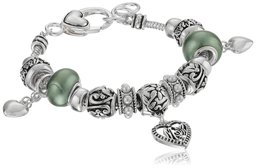 Green Pearlized Beads and Silver Tone Metal Drops Mom Charm Bracelet