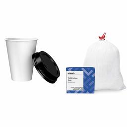 Solimo 12oz Hot Cup and Lid Combo, 150ct & Amazon Brand - Solimo Tall Kitchen Drawstring Trash Bags, 13 Gallon, 120 Count