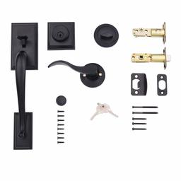 AmazonBasics Modern Handle Set and Deadbolt - Wave Door Lever - Matte Black