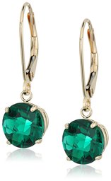 10k Yellow Gold Round Checkerboard Cut Created Emerald Leverback Earrings (8mm)