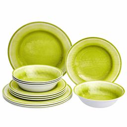 AmazonBasics 12-Piece Melamine Dinnerware Set - Service for 4, Green Crackle Glaze