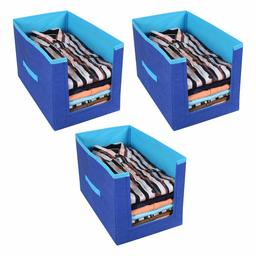 Amazon Brand - Solimo Fabric Shirt Stacker Organiser, Set of 3, Medical Blue with Royal Blue