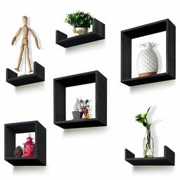 Eono by Amazon - Wall Shelf Set Composed of 3 Square Boxes and 3 U Shelves 5KG Max Loaded Come with 12 Plastic Gecko Screws Black