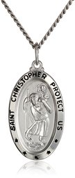 Sterling Silver Oval Saint Christopher Medal Necklace with Rhodium Plated Stainless Steel Chain, 20