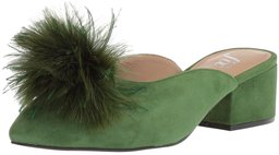 The Fix Amazon Brand Women's Roxana Block Heel Mule with Feather Pom, Olive Suede, 9.5 B US