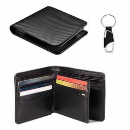 Eono Essentials Wallets Mens,Carbon Fibre Slim Trifold RFID Blocking Genuine Leather Wallets,Credit Card Wallet Card Holder Purse with Coin Pocket,ID Card Holder,Key Holder,Gift Box-Black