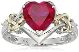 Sterling Silver and 14k Yellow Gold Diamond and Heart-Shaped Created Ruby Ring (0.03 cttw, I-J Color, I3 Clarity), Size 8