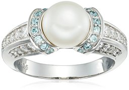 Platinum Plated Sterling Silver Freshwater Pearl with Frosty Mint Swarovski Zirconia Accents Ring, Size 6