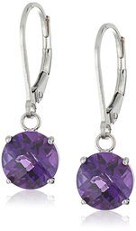 Sterling Silver Round Checkerboard Cut Amethyst Leverback Earrings (8mm)