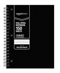 AmazonBasics Libreta de renglones angostos y espiral, 3 materias, 150 hojas, 26.67 cm x 20.32 cm, separadores con bolsillos (negro, rojo, blanco), 3 unidades