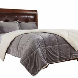 UMI. by Amazon - Couette Nordique Velours Réversible + 2 Taies d'oreiller Chaudes Ensembles de 3 Pièces pour l'hiver, Gris, 225x220cm