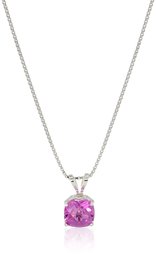 Amazon CollectionSterling Silver Cushion Checkerboard Cut Created Pink Sapphire Pendant Necklace (6mm)