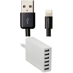 AmazonBasics - Cavo Lightning su USB, con certificazione Apple da 0,9 m con Caricatore USB a 6 porte, 60 W- Nero