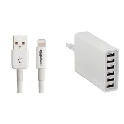 AmazonBasics Apple Certified Lightning to USB Cable - 10 Feet (3 Meters) w/ AmazonBasics 60W 6-Port USB Charger - White