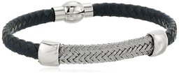 Men's Navy Blue Genuine Leather Braided with Stainless Steel Wire Accent Bracelet, 8.5