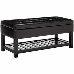 First Hill Damara Wood Storage Ottoman Bench with Open Bottom and Faux-Leather Upholstery, Jet Black