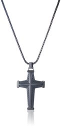 Men's Stainless Steel and Forged Carbon Fiber Dog Tag with Black IP on Box Chain Pendant Necklace, 24