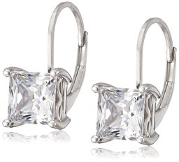 Plated Sterling Silver Princess-Cut Swarovski Zirconia Leverback Earrings