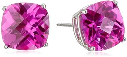 14k White Gold Cushion-Cut Checkerboard Created Pink Sapphire Stud Earrings (8mm)