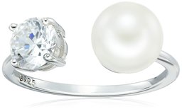 Amazon CollectionPlatinum Plated Sterling Silver Cubic Zirconia Freshwater Cultured White Pearl Ring, Size 8