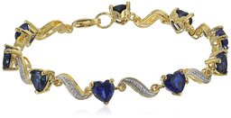 Yellow Gold Flashed Sterling Silver Created Blue Sapphire and Diamond Accent Heart Wave Bracelet, 7.25