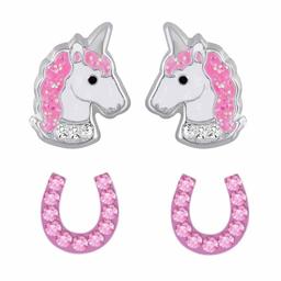 Hikaro 2 x Kinder Ohrringe Einhorn Hufeisen 925 Silber (Pink-Rosa)